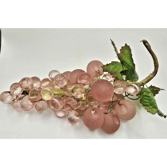 Vintage Lucite Acrylic Cluster Blush Pink Grapes Decorative Frosted Leaves Vine - Picture 5 of 8